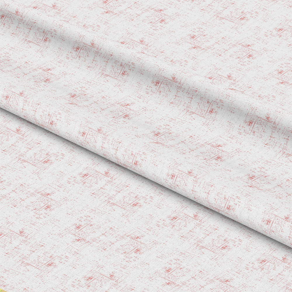 A close-up view of light-colored fabric with a subtle, textured pattern in soft red, featuring diagonal folds across the material.