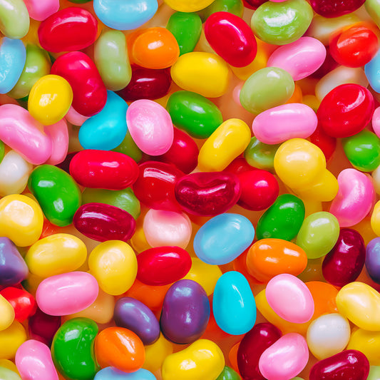 bright colors, jelly beans, candy pattern, red, yellow, green, blue, pink, orange, purple, glossy finish, sweet treats, colorful confections, oval shapes, scattered design, vibrant hues, food motif, quilting cotton, fabric panel, cheerful mood
