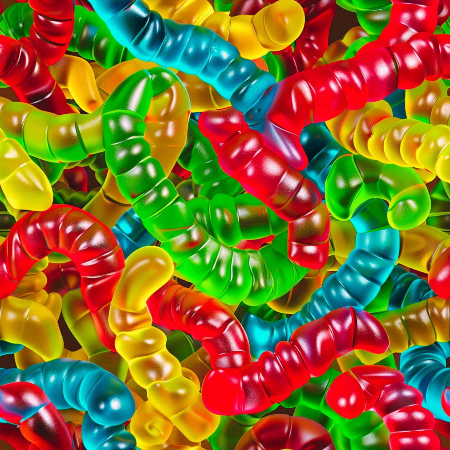 gummy candy, worm candies, bright colors, red, green, yellow, blue, orange, segmented worms, chewy texture, sweet treats, candy pattern, vibrant, playful, fun design, quilting cotton, fabric panel, colorful confections, glossy finish, scattered layout