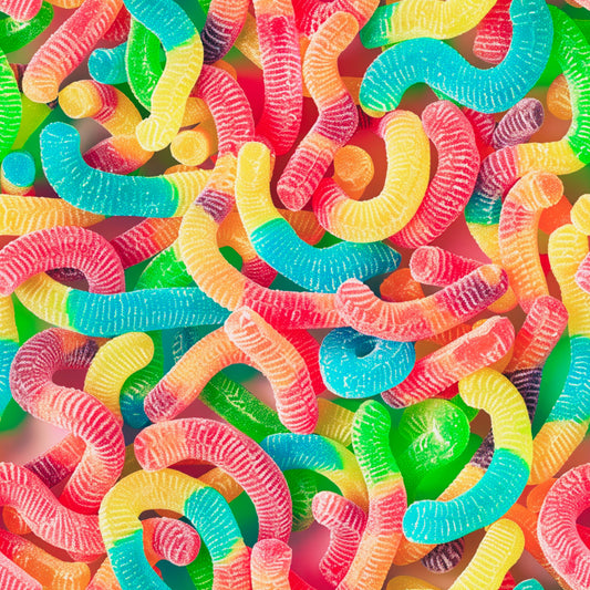 gummy worms, candy pattern, bright colors, rainbow colors, neon green, hot pink, electric blue, yellow, orange, purple, chewy candy, sour worms, junk food, sweet treats, playful design, fun pattern, quilting cotton, fabric panel, colorful background, nostalgic candy