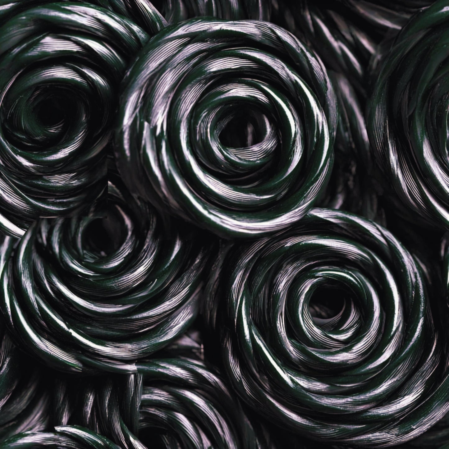 dark green, black, white, spiral pattern, swirled design, circular motifs, metallic sheen, glossy texture, abstract pattern, quilting cotton, fabric panel, modern design, geometric swirls, contemporary style, craft fabric, sewing material, repeating pattern, dimensional appearance, twisted ribbons