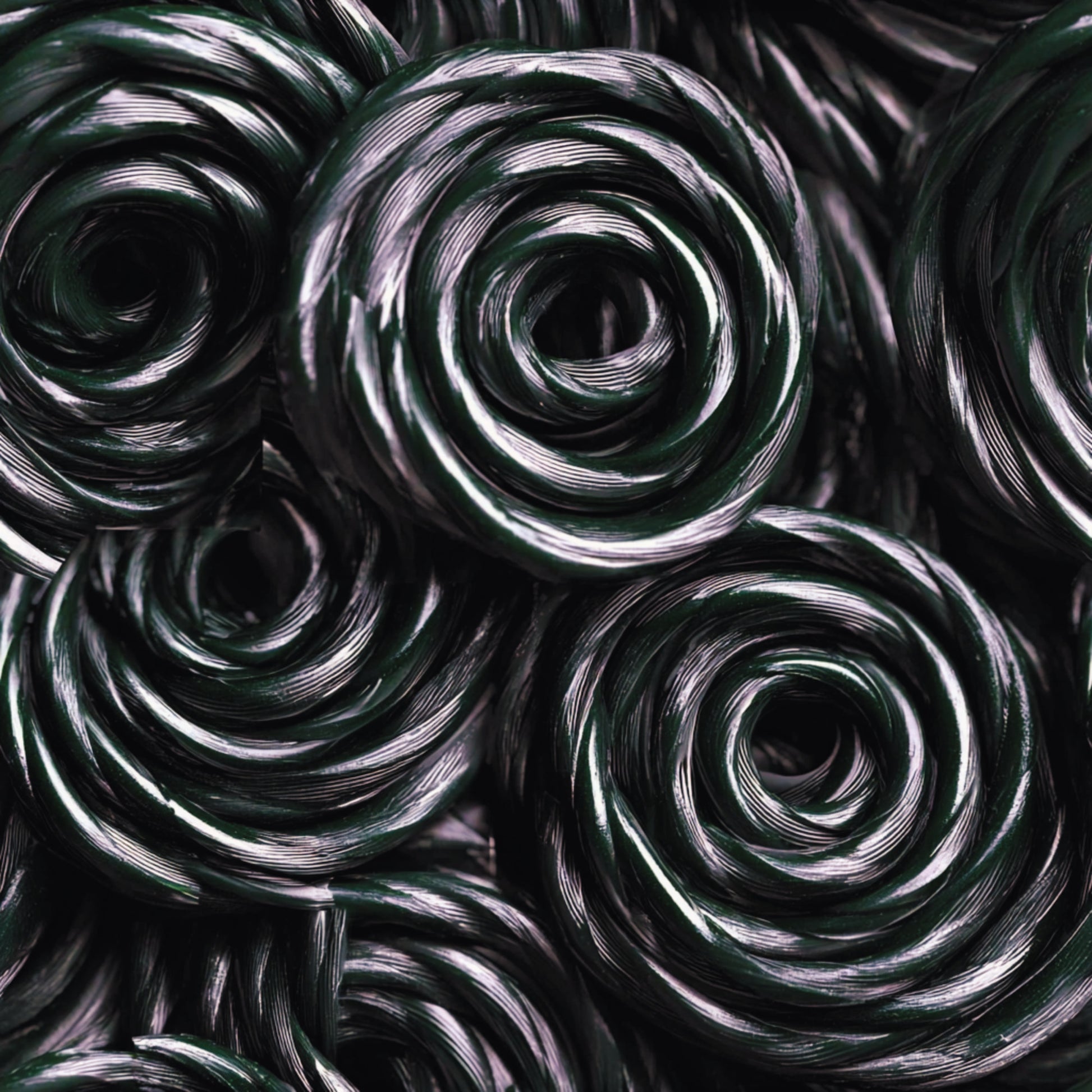 dark green, black, white, spiral pattern, swirled design, circular motifs, metallic sheen, glossy texture, abstract pattern, quilting cotton, fabric panel, modern design, geometric swirls, contemporary style, craft fabric, sewing material, repeating pattern, dimensional appearance, twisted ribbons