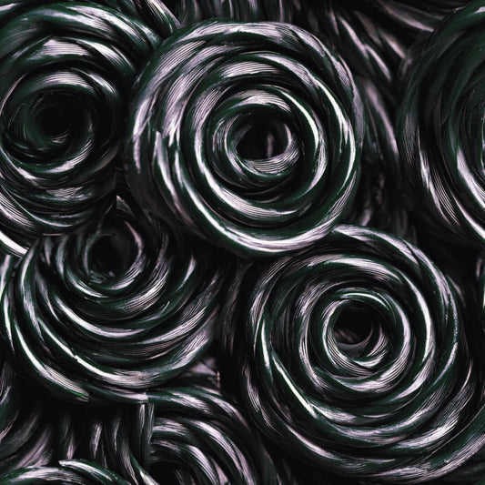 dark green, black, white, spiral pattern, swirled design, circular motifs, metallic sheen, glossy texture, abstract pattern, quilting cotton, fabric panel, modern design, geometric swirls, contemporary style, craft fabric, sewing material, repeating pattern, dimensional appearance, twisted ribbons