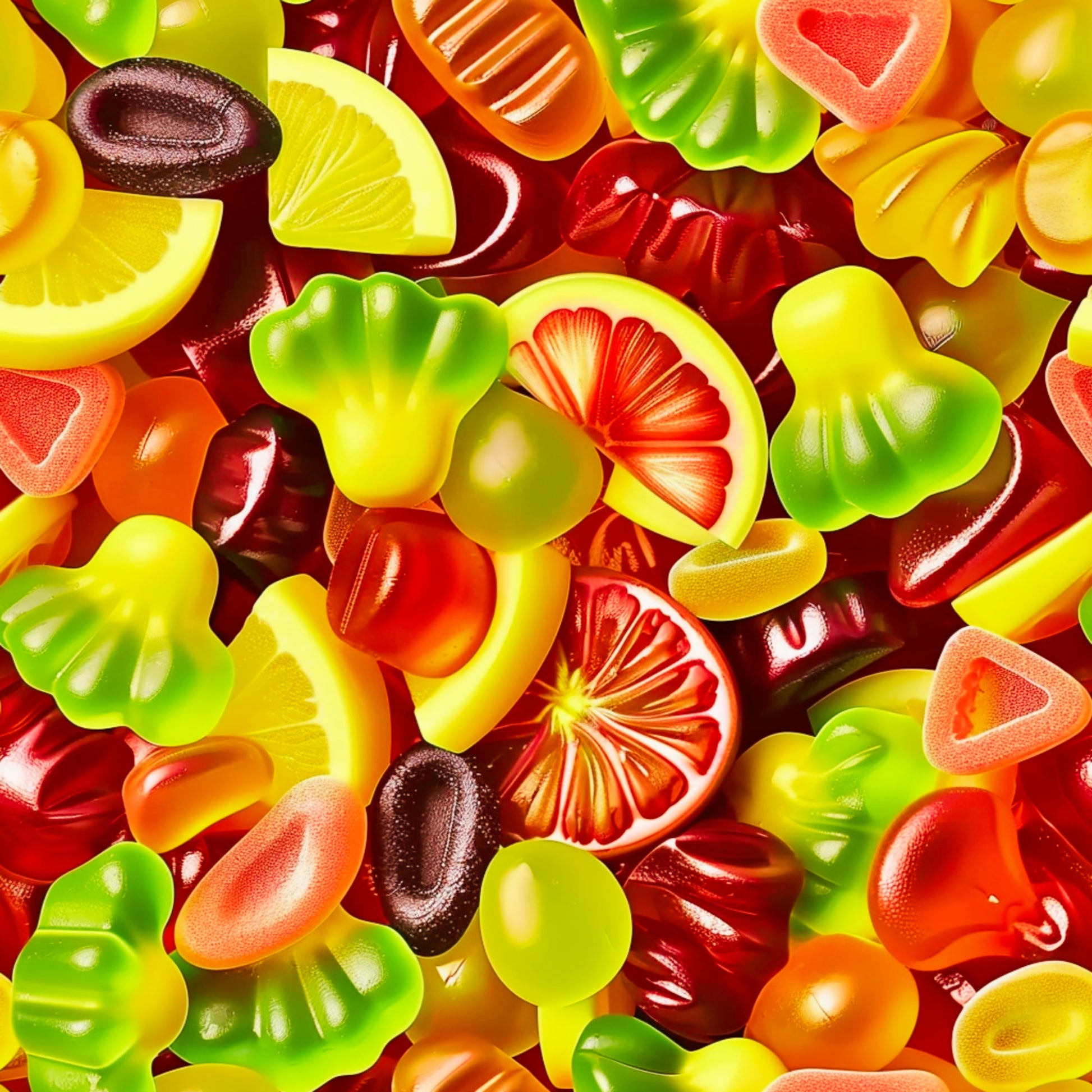 gummy candy, bright colors, vibrant pattern, red gummies, green gummies, yellow gummies, orange gummies, citrus slices, heart shapes, bear shapes, translucent candies, colorful sweets, quilting cotton, fabric panel, cheerful design, food motifs, candy theme, rainbow colors, fun pattern