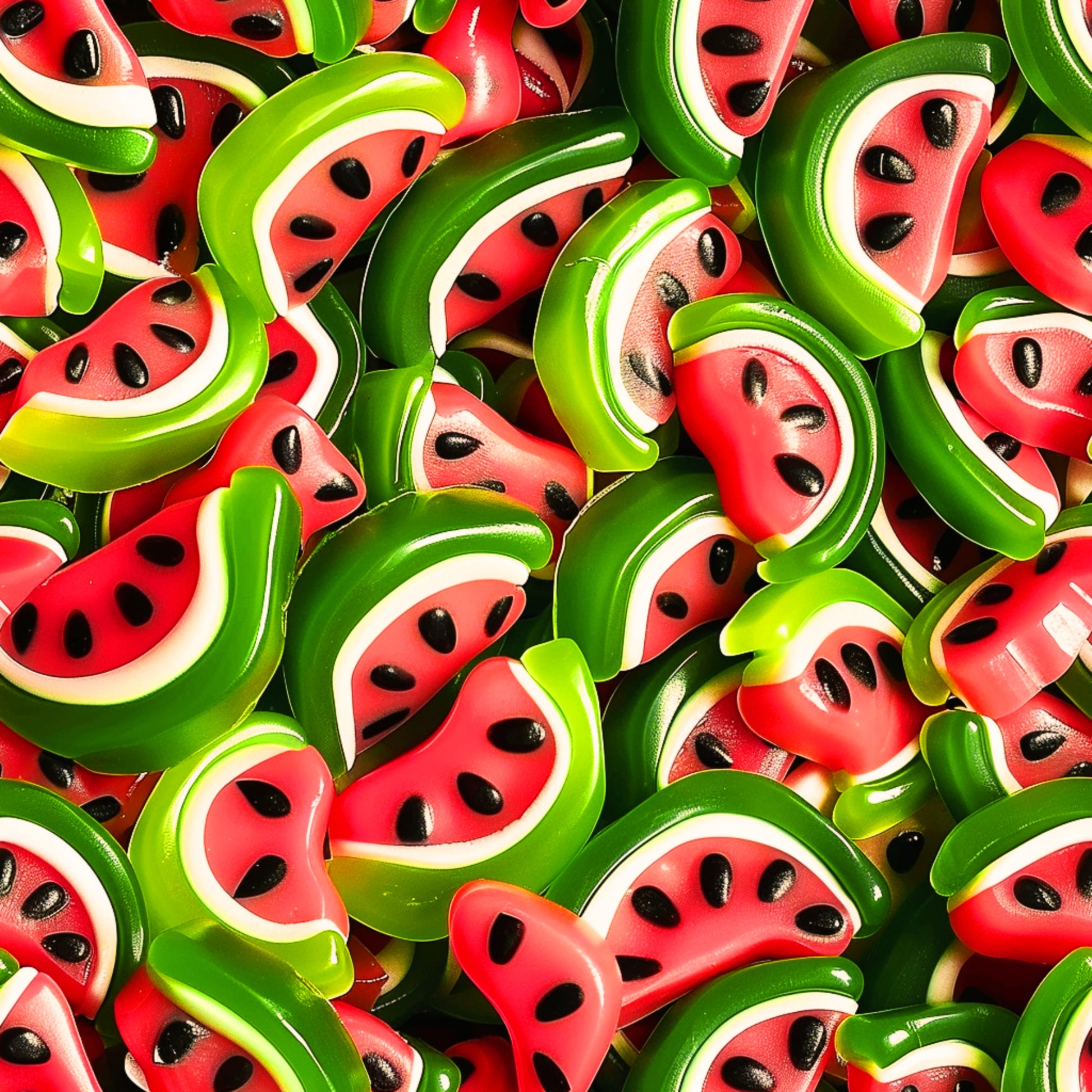 gummy candy, watermelon slices, bright red, vibrant green, white rind, black seeds, sweet treats, candy pattern, quilting cotton, fabric panel, summer vibes, fruit motif, glossy finish, playful design, food themed, geometric shapes, repeating pattern, cheerful mood, craft fabric, sewing material