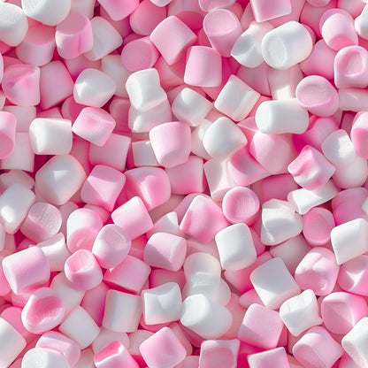 pink marshmallows, white marshmallows, soft pink, pale pink, gummy candy, mini marshmallows, sweet treats, candy pattern, quilting cotton, fabric panel, confectionery design, puffy texture, scattered arrangement, dessert motif, candy shop, pastel colors, food pattern, cylindrical shapes, whimsical design, craft fabric