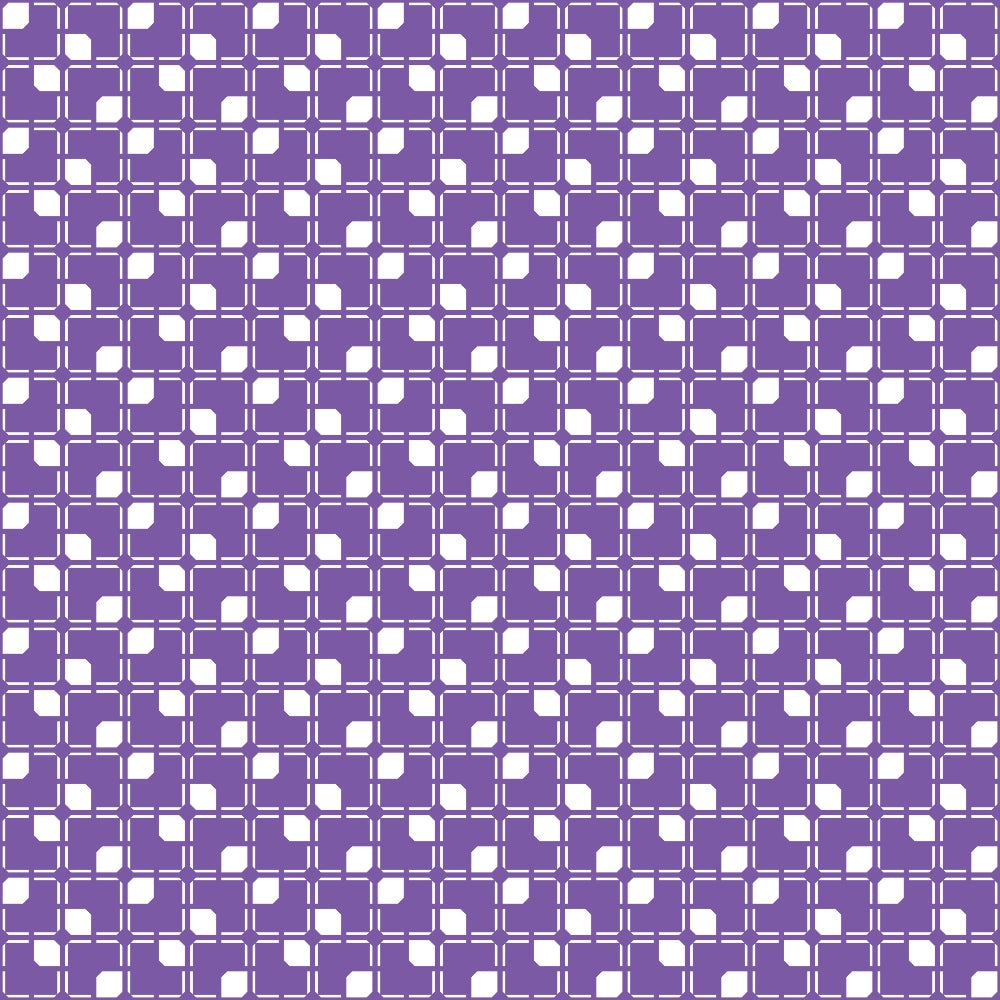 A geometric pattern with white squares and curved lines on a purple background.