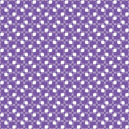 A geometric pattern with white squares and curved lines on a purple background.