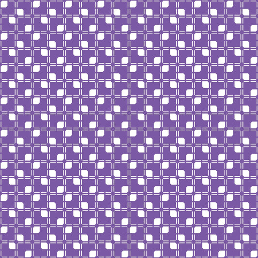 A geometric pattern with white squares and curved lines on a purple background.