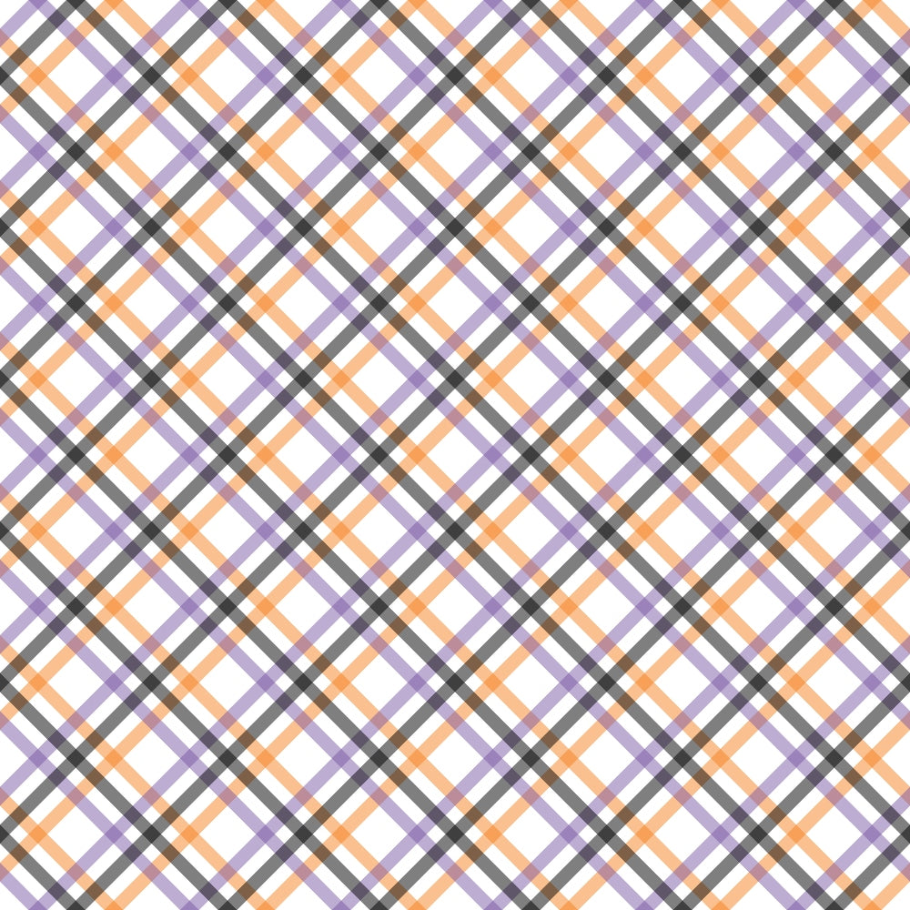 A plaid pattern with intersecting orange, purple, and black lines on a white background.