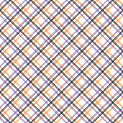 A plaid pattern with intersecting orange, purple, and black lines on a white background.