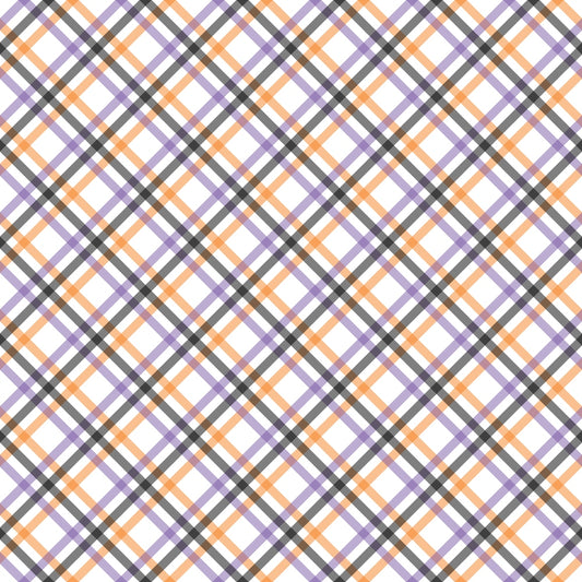 A plaid pattern with intersecting orange, purple, and black lines on a white background.