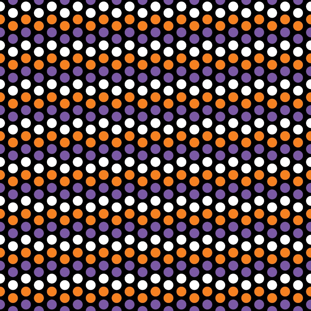 A repeating pattern of white, orange, and purple dots on a black background.