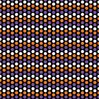 A repeating pattern of white, orange, and purple dots on a black background.