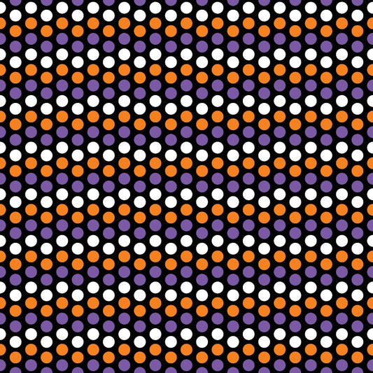 A repeating pattern of white, orange, and purple dots on a black background.