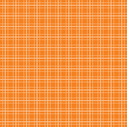 Orange plaid pattern with intersecting white and light orange lines creating a grid effect.