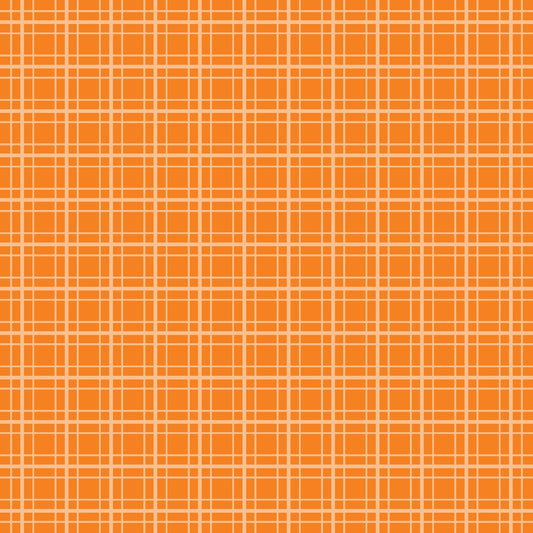 Orange plaid pattern with intersecting white and light orange lines creating a grid effect.