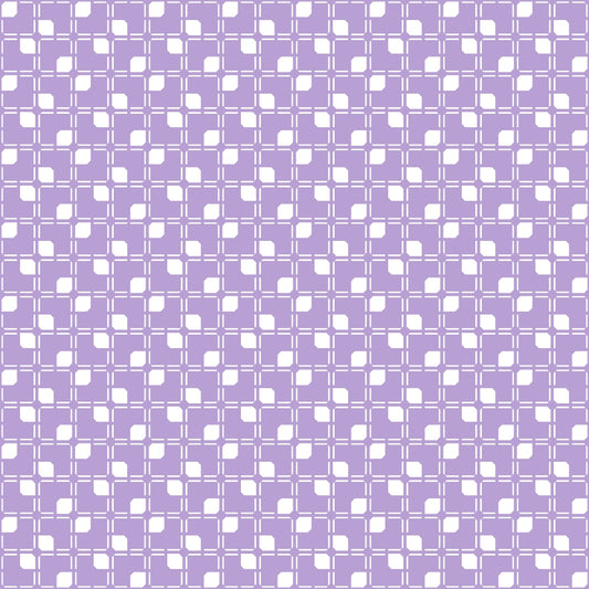 Purple and white geometric pattern with interconnected square shapes arranged in a grid.