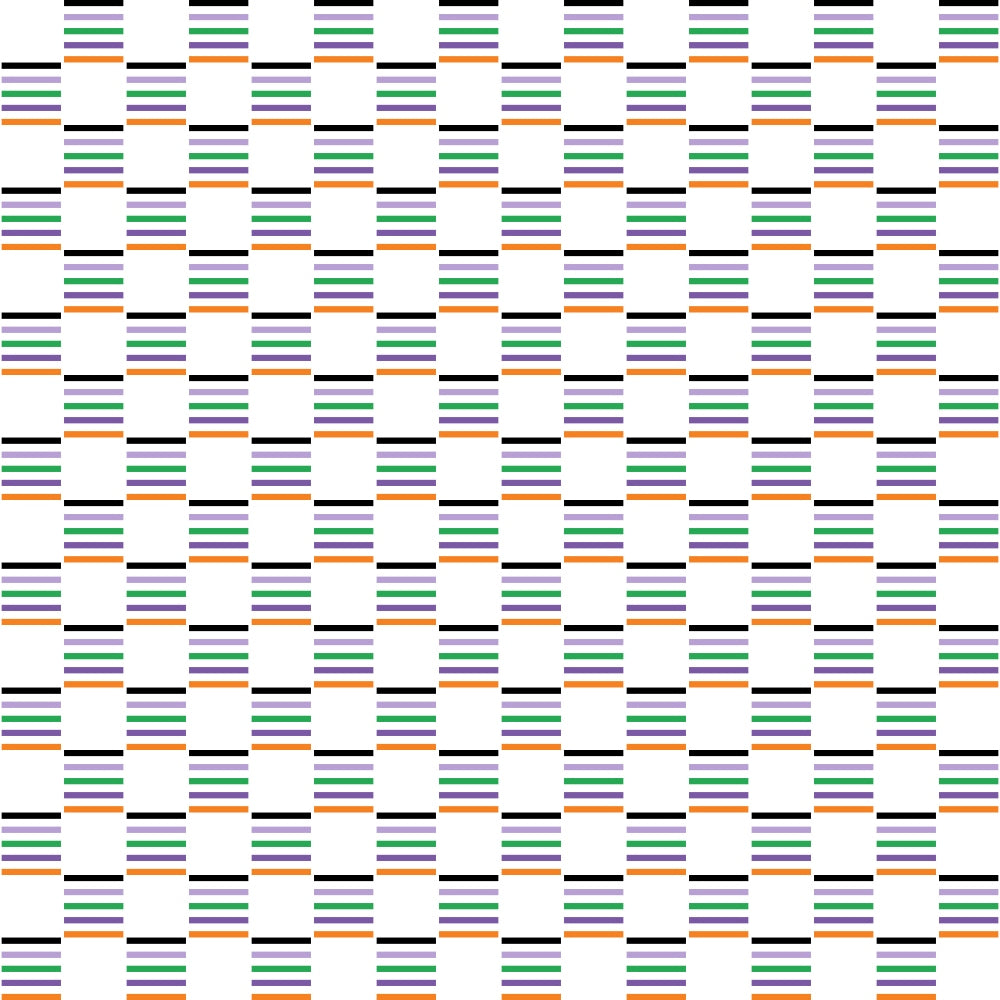 Pattern of horizontal colored stripes in rows and columns. Each cell contains black, blue, green, and purple stripes on a white background, creating an optical illusion effect.