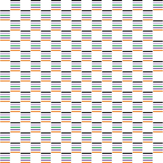 Pattern of horizontal colored stripes in rows and columns. Each cell contains black, blue, green, and purple stripes on a white background, creating an optical illusion effect.