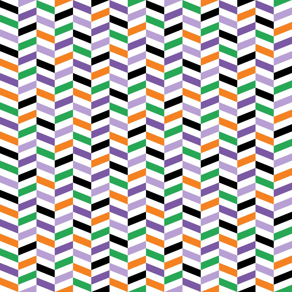 A repeating chevron pattern with stripes in purple, black, orange, and green on a white background.