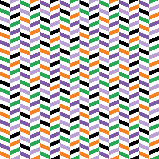 A repeating chevron pattern with stripes in purple, black, orange, and green on a white background.