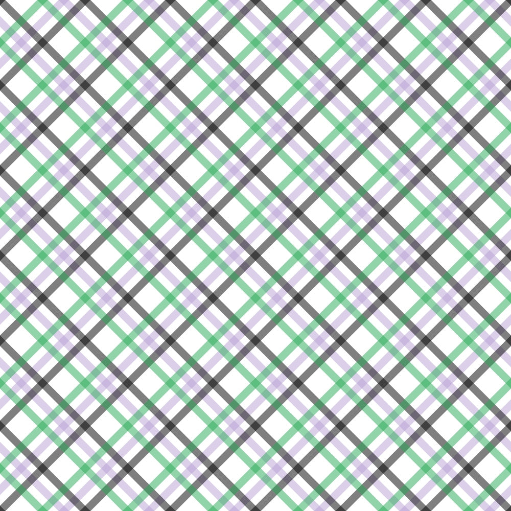 A diagonal plaid pattern with intersecting lines in black, purple, and green on a white background.