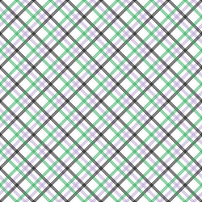 A diagonal plaid pattern with intersecting lines in black, purple, and green on a white background.