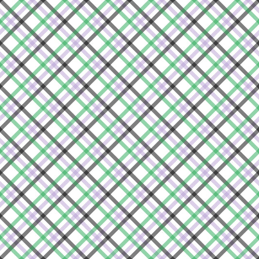 A diagonal plaid pattern with intersecting lines in black, purple, and green on a white background.