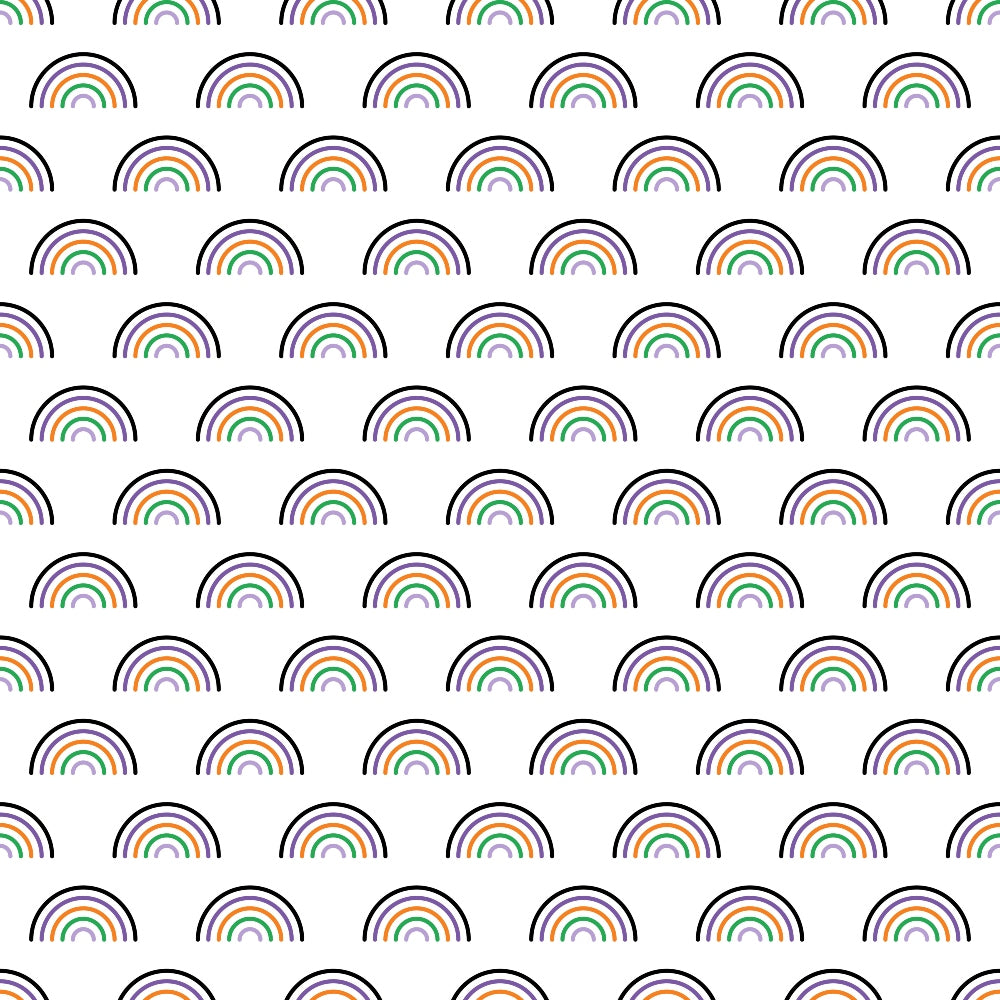 Pattern of evenly spaced, colorful semicircles resembling rainbows on a white background.