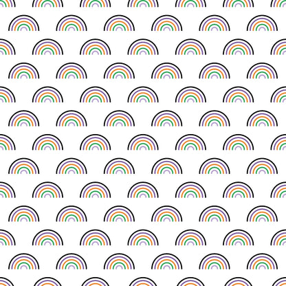 Pattern of evenly spaced, colorful semicircles resembling rainbows on a white background.