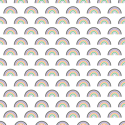 Pattern of evenly spaced, colorful semicircles resembling rainbows on a white background.