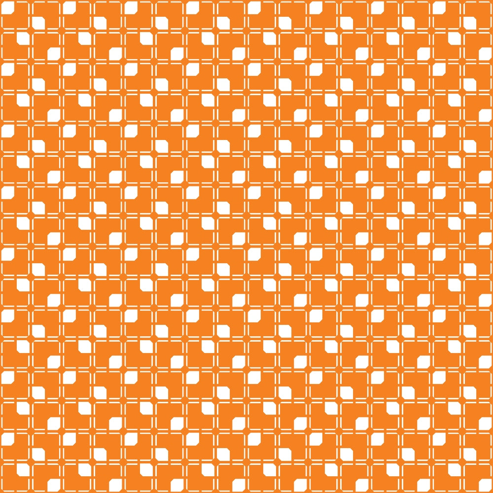 An orange and white geometric pattern with repeating square and curved shapes, forming a grid-like design.