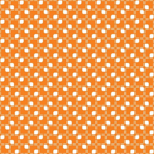 An orange and white geometric pattern with repeating square and curved shapes, forming a grid-like design.