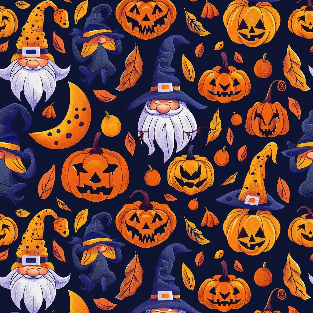 halloween, cartoon gnomes, jack-o-lanterns, pumpkins, witch hats, autumn leaves, navy blue background, orange, purple, yellow, quilting cotton, fabric panel, whimsical, festive, seasonal, spooky cute, repeating pattern, fall theme, halloween characters, craft fabric