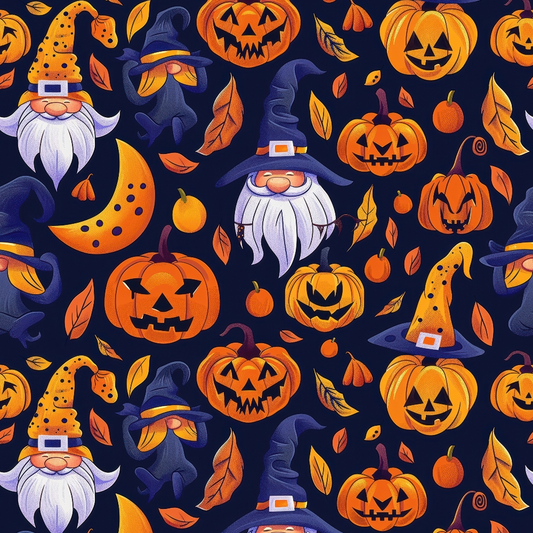 Seamless pattern of Halloween elements: pumpkins with faces, bearded gnomes in witch hats, crescent moons, black cats, and autumn leaves on a dark background.