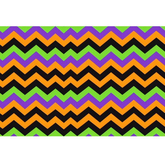 Chevron pattern with alternating zigzag stripes in black, orange, green, and purple.