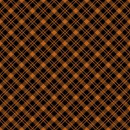 A pattern of orange and black crisscrossing lines forms a plaid design.