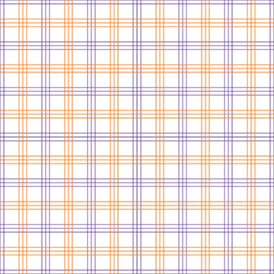 A pattern of intersecting orange and purple lines forming a plaid design on a white background.