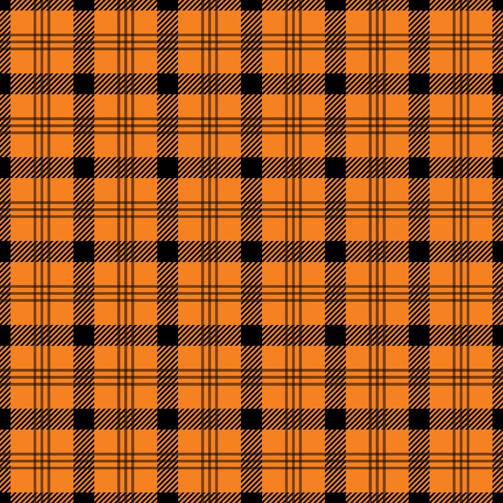 A seamless orange and black plaid pattern featuring intersecting vertical and horizontal lines forming squares.