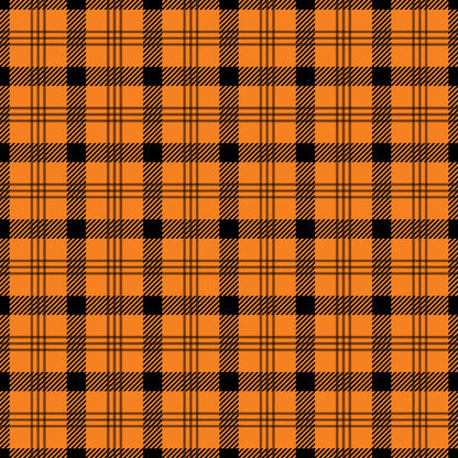 A seamless orange and black plaid pattern featuring intersecting vertical and horizontal lines forming squares.