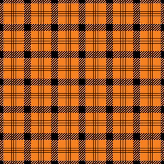 A seamless orange and black plaid pattern featuring intersecting vertical and horizontal lines forming squares.