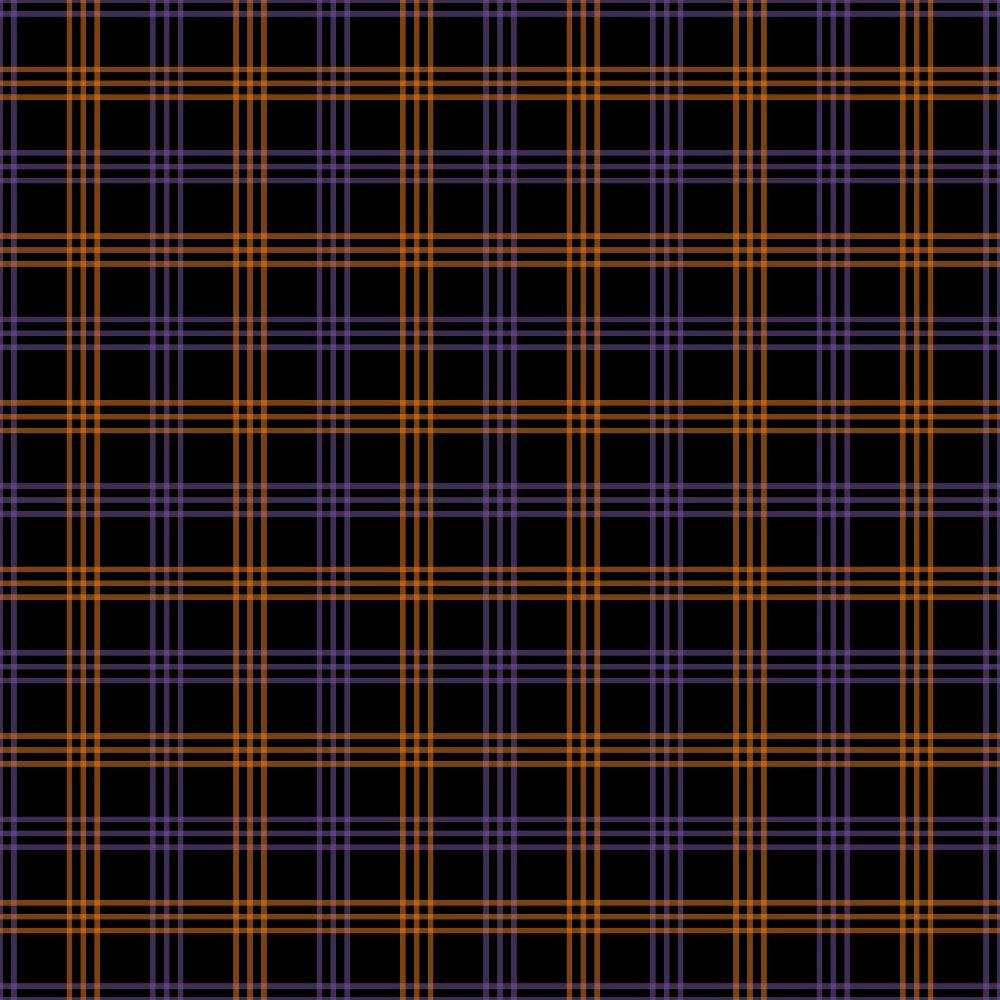 Plaid pattern with orange and purple intersecting lines on a black background.