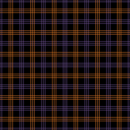 Plaid pattern with orange and purple intersecting lines on a black background.