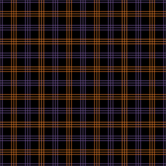 Plaid pattern with orange and purple intersecting lines on a black background.