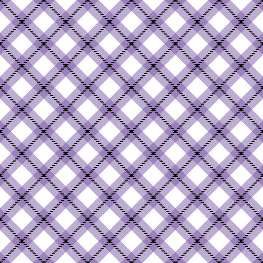 A purple and white plaid pattern forms a grid of diamonds with intersecting lines on a white background.