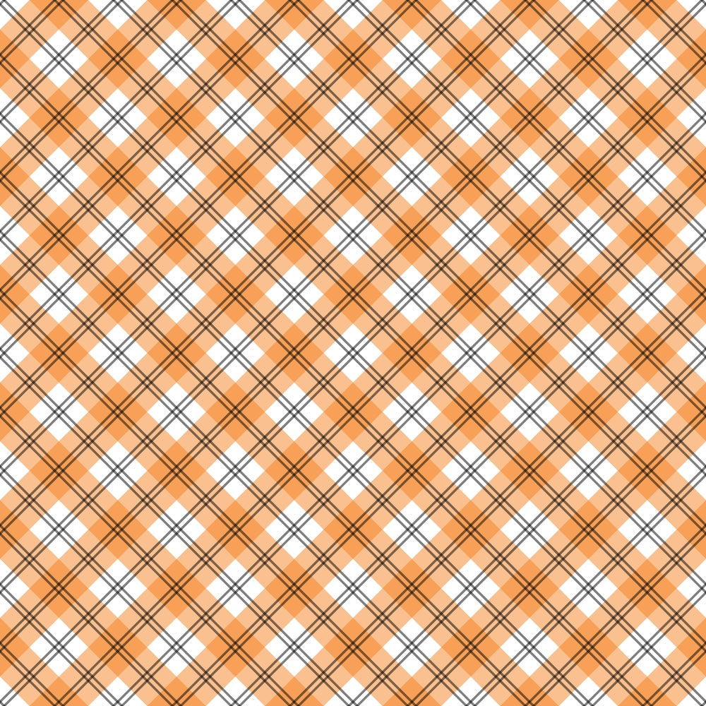 A repeating orange plaid pattern with black and white accents.