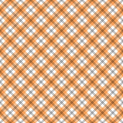 A repeating orange plaid pattern with black and white accents.