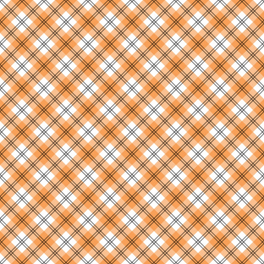 A repeating orange plaid pattern with black and white accents.