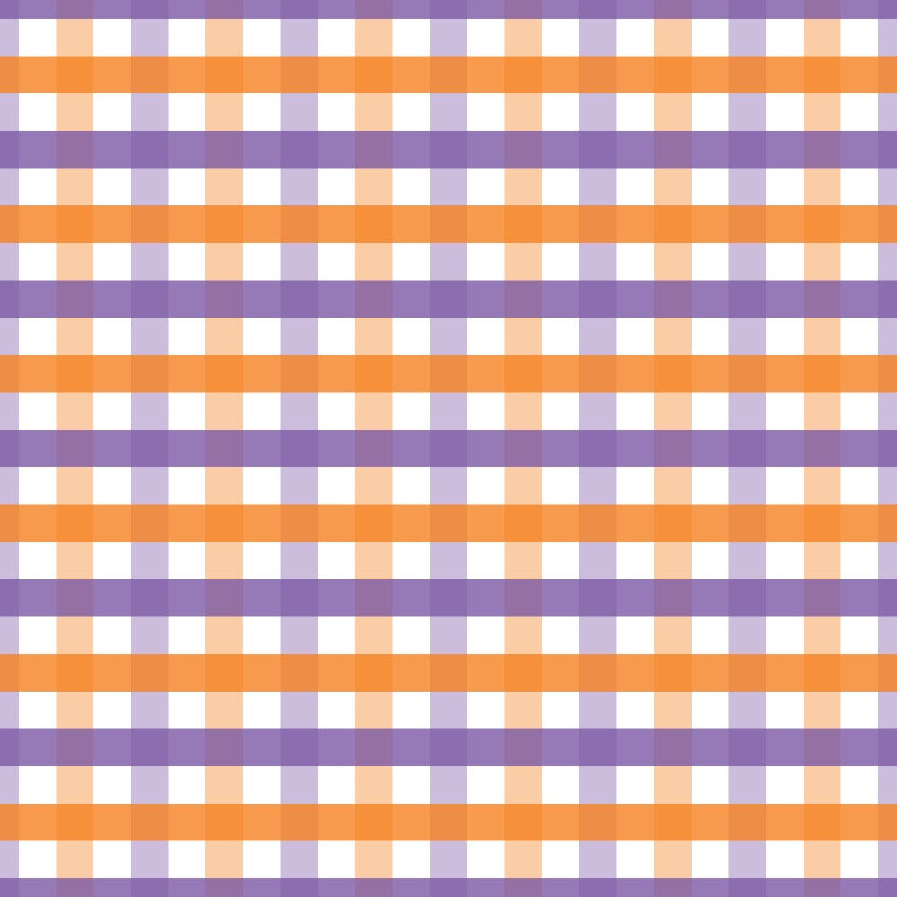 A gingham pattern with alternating orange and purple stripes intersecting over a white background, creating a checkered grid.